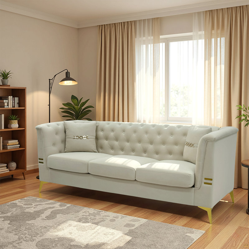 Velvet 3-Seater Sofa, Cream White
