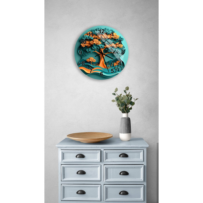 Horloge murale en verre trempé - arbre de vie sarcelle orange, art moderne, grande montre ronde silencieuse pour salon, cadeau unique inspiré de la nature