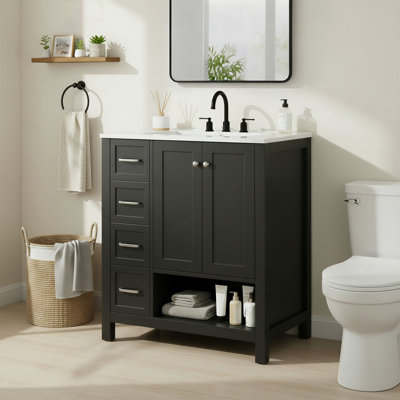 Meuble-lavabo simple 30 po avec comptoir d'évier, armoire autoportante avec 2 portes, 2 tiroirs et tablette ouverte, bois massif et panneau de fibres à densité moyenne, noir