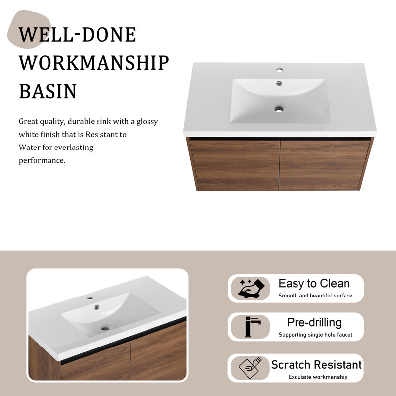 Meuble-lavabo mural simple 36 po avec comptoir en résine brun