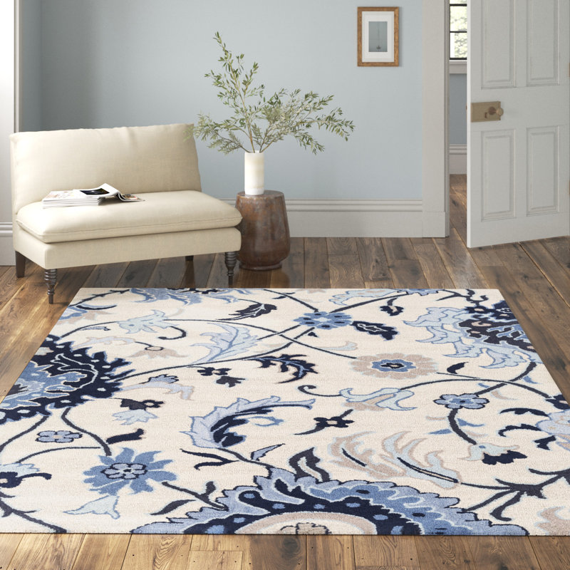 Alexander Hand-Tufted Blue/Ivory/Beige Wool Rug, Rectangle 5' x 8'