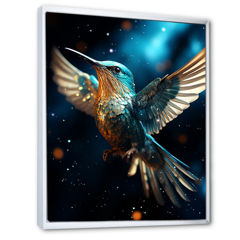 «Blue Fluttering Hummingbird Skies II», art mural colibri, Cadre flottant blanc, H 32 po x l 24 po x P 1 po