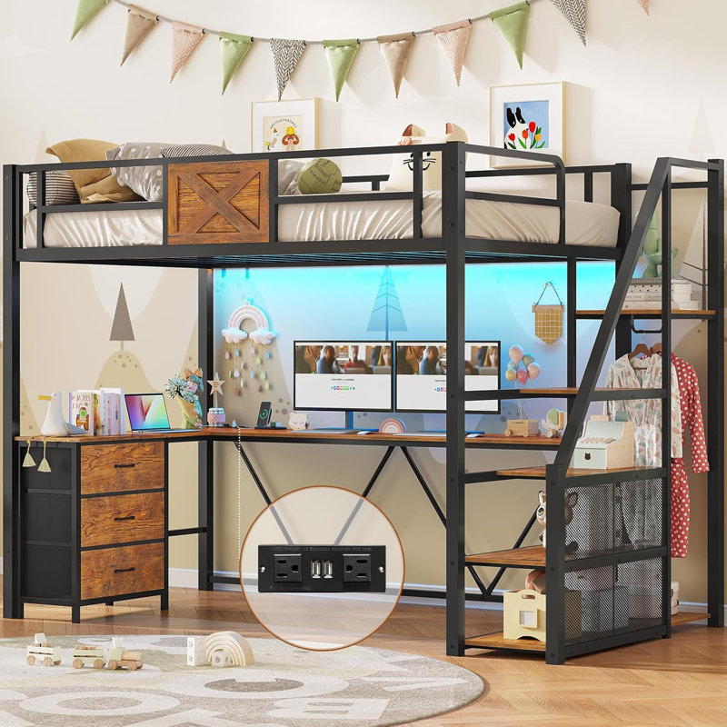 Loft Bed with Led Lights Metal Loft Bed Frame with L Shaped Desk and Wardrobe, Brown