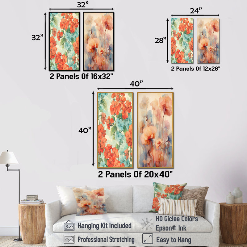 «Blue and Orange Geranium Collage Expression», ensemble de 2 reproductions d'art géraniums, H 28 po x l 25 po, Toile tendue