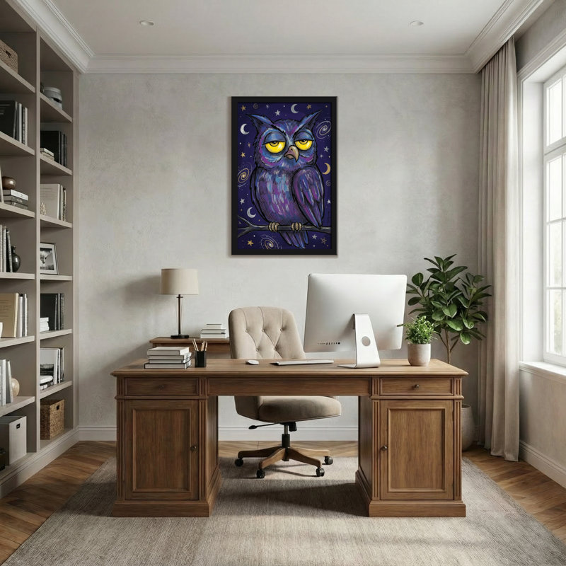 Animaux, hibou, ciel nocturne, étoiles, lune, galaxies, mauve, bleu, H 24 po x l 16 po
