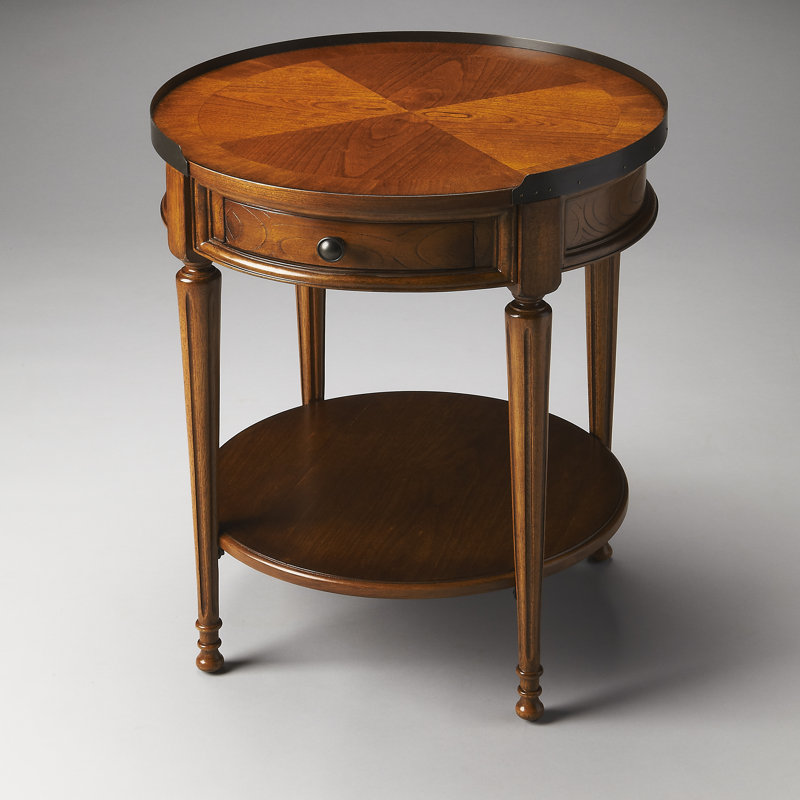 Aleix 22 in. W Round Wood 1 Drawer Side Table, Olive Ash, Olive Ash Burl