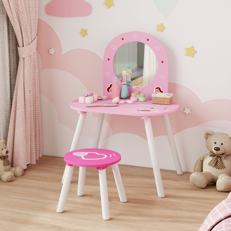 AIYAPLAY Kids Dressing Table with Mirror and Stool for Ages 3–6 Years Pink