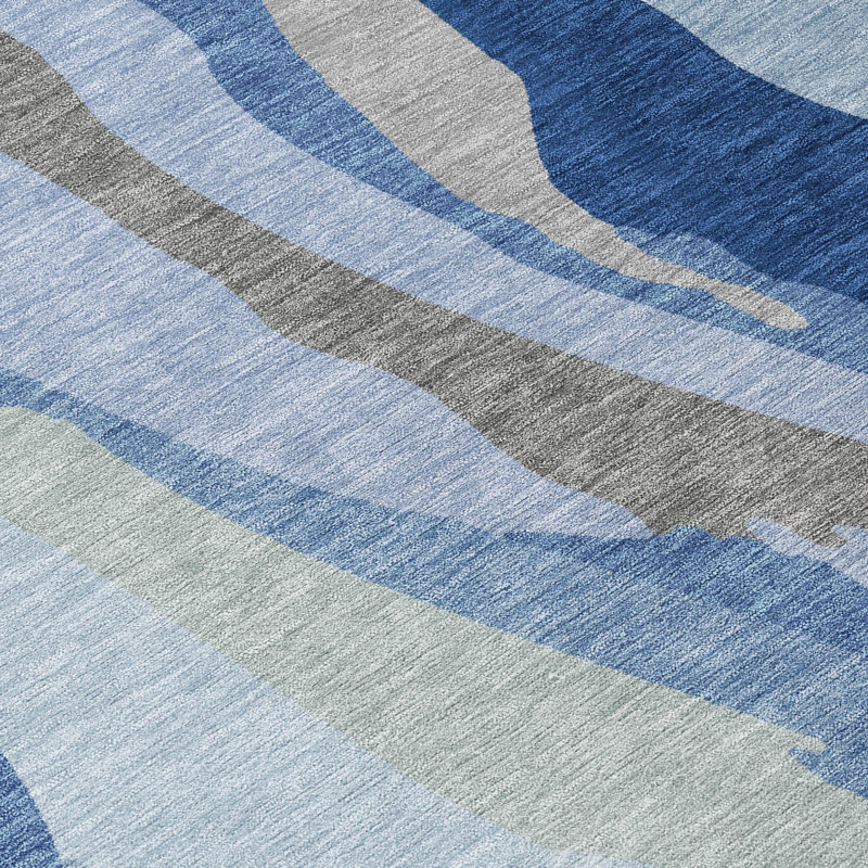 Blue Abstract Wave Pattern Washable Indoor/Outdoor Rug
