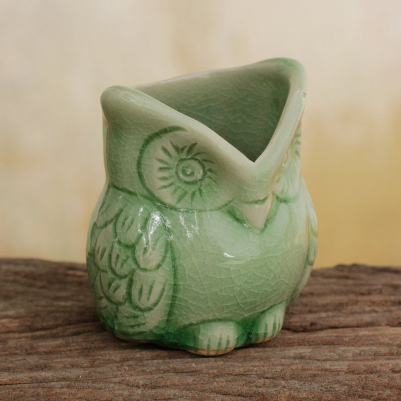 Porte-cure-dents en céramique Roberdeau Happy Owl Celadon