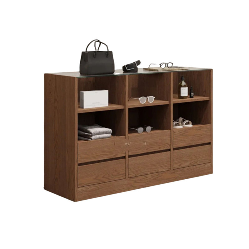 Brown Wood Display Case with Tempered Glass Top, Open Storage, and Six Drawers