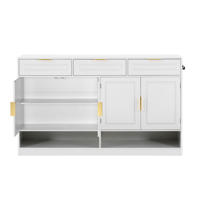 59.1" Farmhouse Sideboard with 3 Drawers & 4 Doors, U-Style Storage Buffet with Adjustable Shelf and Open Compartments, Multi-Functional Cabinet for Dining Room and Living Room
