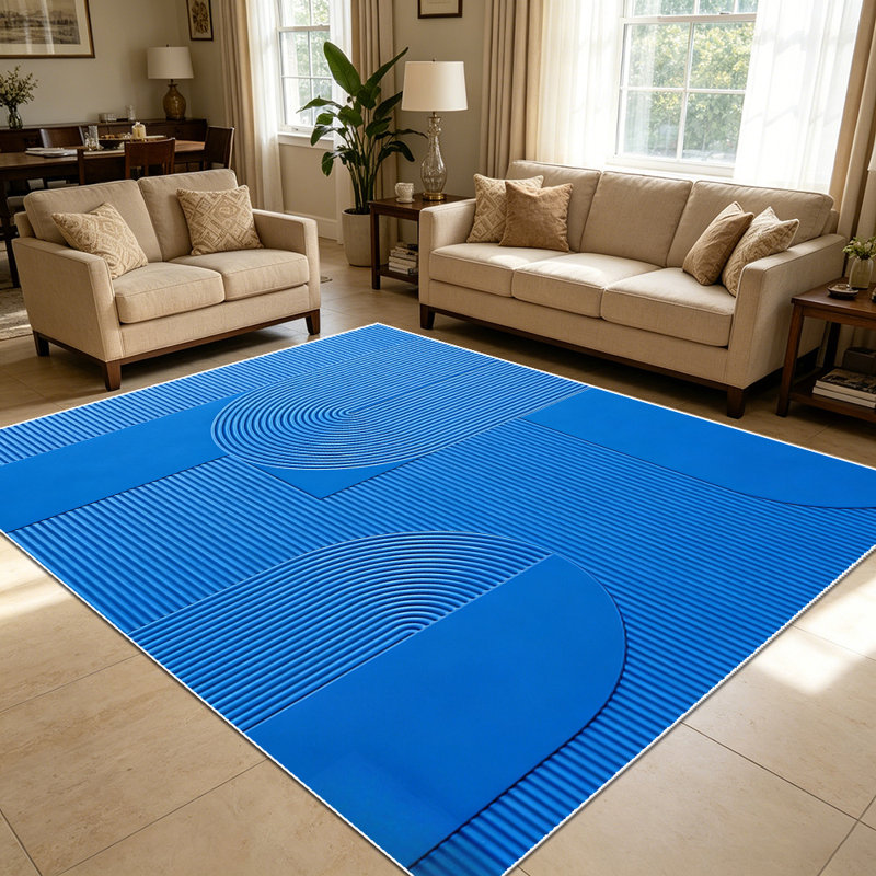 1PC Modern Minimalist Blue Geometric Arch Striped Abstract area rugs for Living Room, Soft and Comfortable, Suitable for all seasons, easy-to-maintain, machine washable Indoor floor mat, Under Table suitable for dining table, bedroom, entryway, home