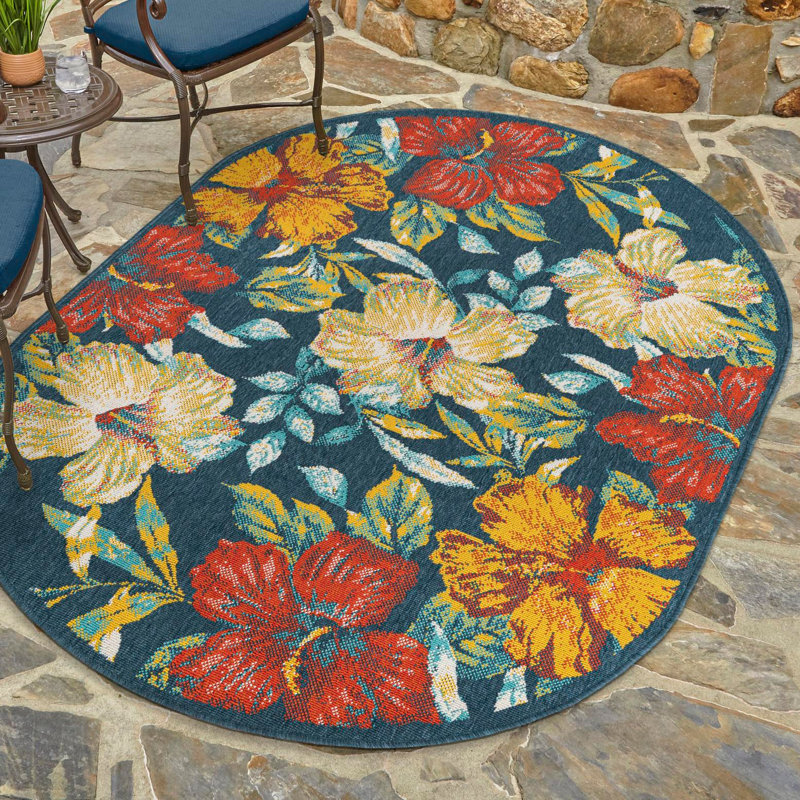 Eribella Floral Machine Woven Round 4'1" Polypropylene Indoor / Outdoor Area Rug in Blue/Beige/Orange, Oval 4'1" x 6'1"