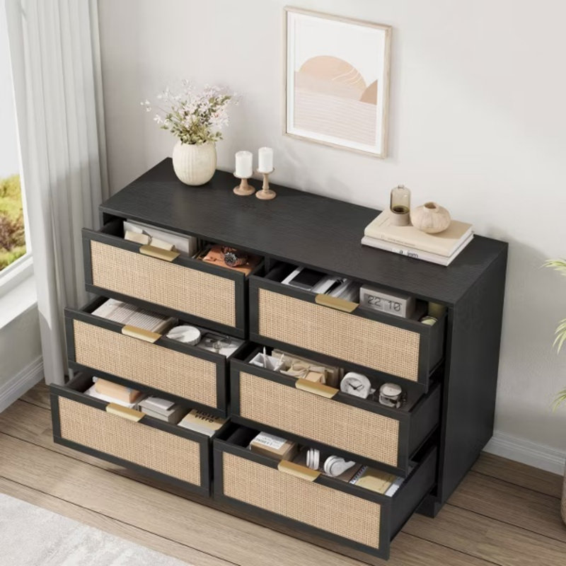6 Drawer Rattan Dresser, Wide Chest with Metal Handles and Solid Wood Base, Storage Organizer for Bedroom, Living Room, Black