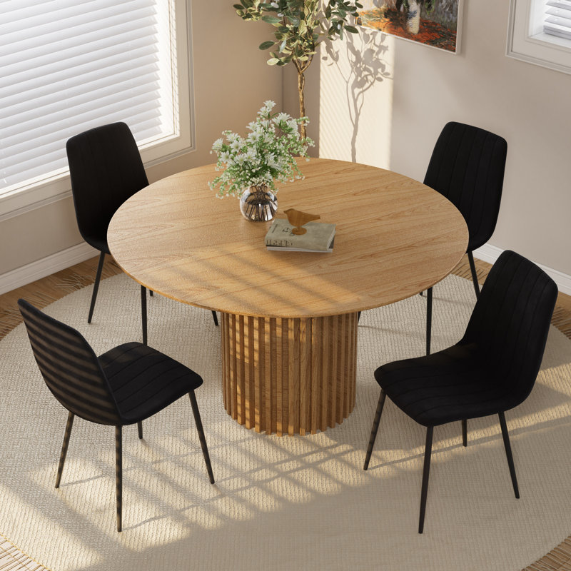 Round Pedestal Dining Table Set, 5, Black, Oak
