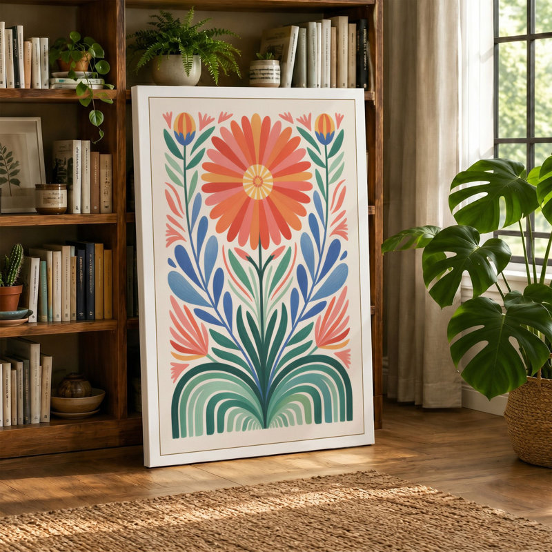 Stylized Daisy Bloom Botanical - Wrapped Canvas, 36x24 - 91.4 x 61.0 cm, Ochre Border