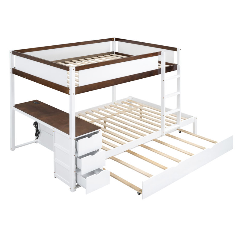 Lit superposé blanc + noyer avec bureau, rangement, lit gigogne simple et lit de taille Chargers, rangement de bureau blanc + noyer Charisma