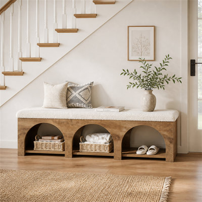 Banc de 63 po pour salle d'entrée rembourré, banc à chaussures à 2 niveaux avec coussin et tablette