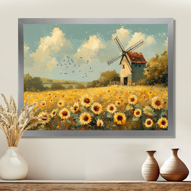 Drelon tournesols au moulin à vent en été I - tournesols, art mural, H 30 po x l 40 po, Argent argent