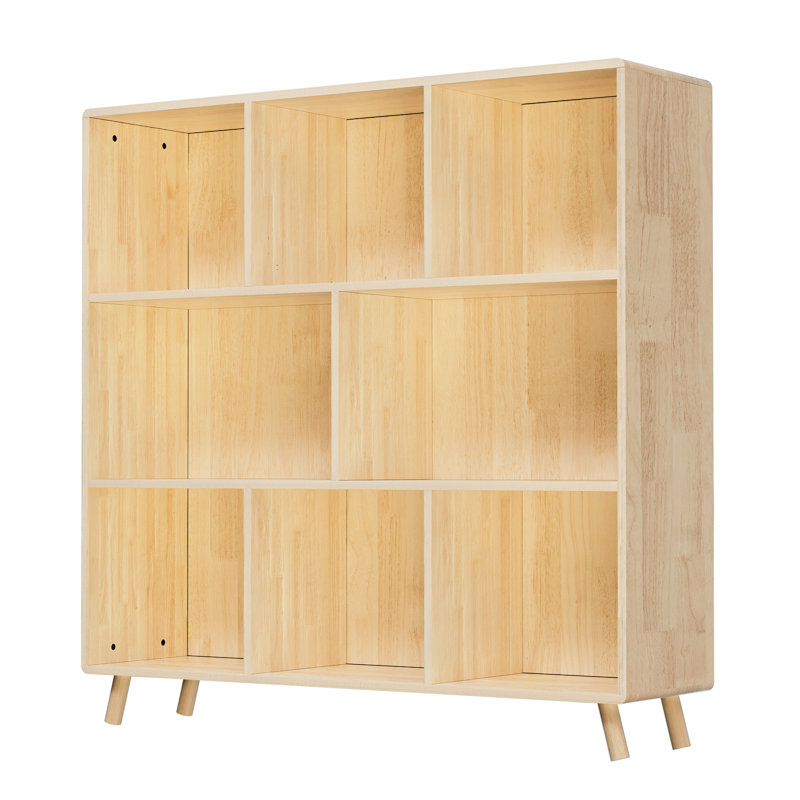 Rangement en bois de pin pour 8 livres, boîtes décoratives, et - L 44 po x H 44 po, conception à compartiments optimisés, fabrication verticale, bibliothèque arrière optionnelle avec tablettes fixes, fonctionnalité murale en croix
