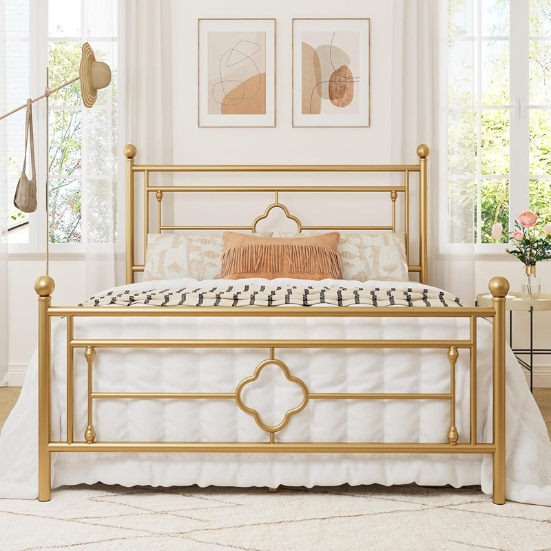 Cadre de lit plateforme victorien en métal avec tête de lit dorée, sommier à lattes robuste, rangement sous le lit, sans sommier tapissier, conception silencieuse, montage facile