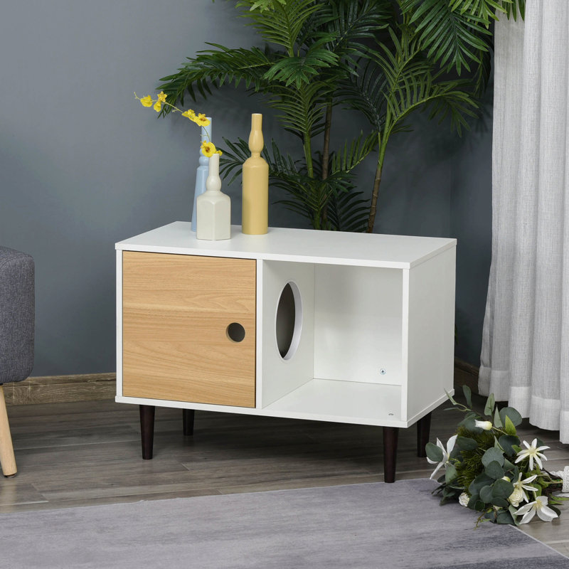 Wooden Cat House With Soft Cushion, Decorative Kitten Condo Side Table, Elevated Pet House With Storage Space