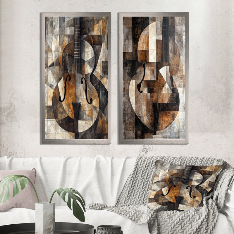 Mandoline dans des plans brisés I - Ensemble de 2 décorations murales cubistes, 40" H x 40" W, Silver Picture Framed