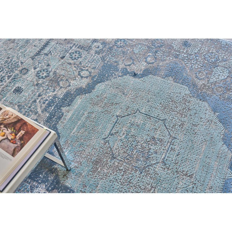 Ivory and Blue Viscose Rectangular Fringed Area Rug
