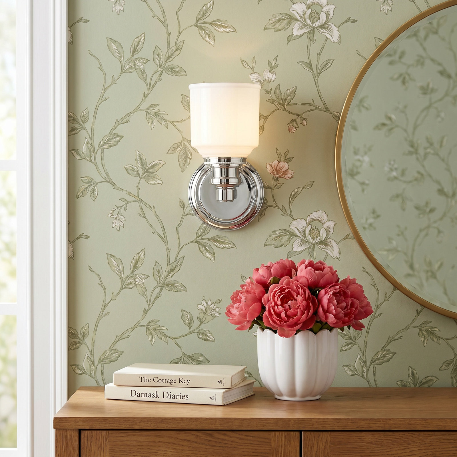 Windham Single Light Glass Dimmable Armed Sconce, Polished Nickel