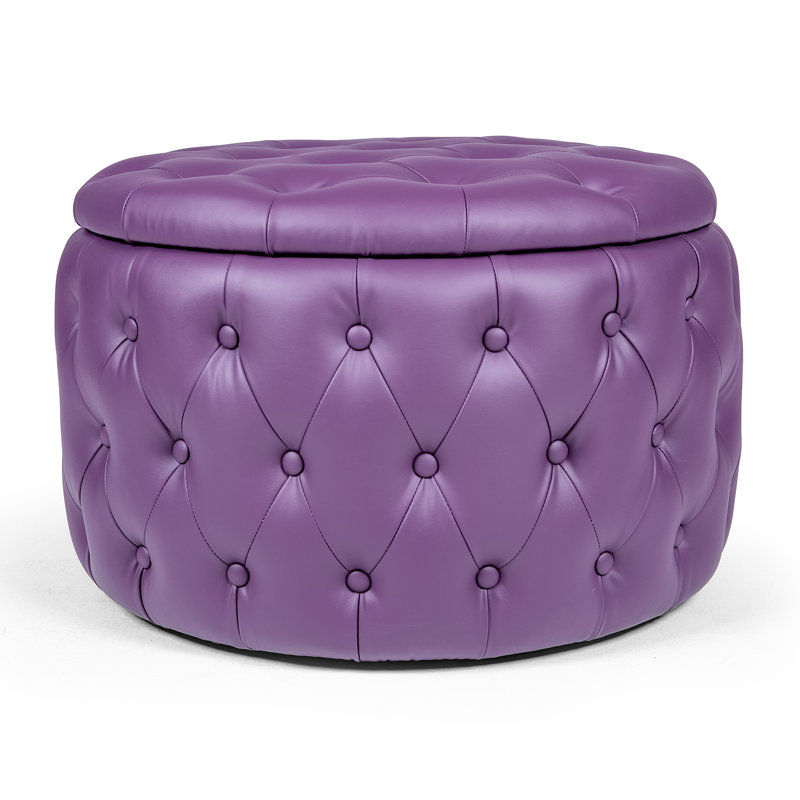 Fully Assembled Round Storage Ottoman with Deep Diamond Tufting and Hidden Storage, Purple PU Faux Leather