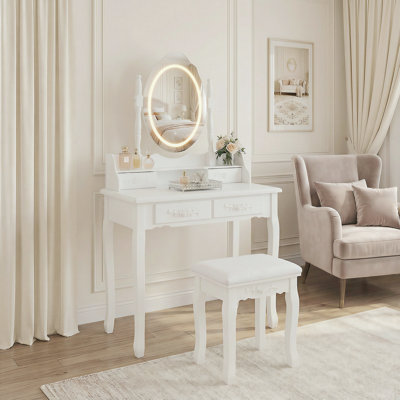 Ensemble de coiffeuse avec miroir et tabouret coussiné White Princess