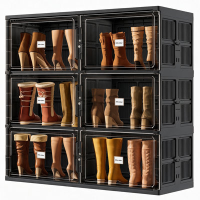 3-Tier Black Foldable Boot Storage Cabinet ,Tall Shoe Organizer for Closet & Entryway