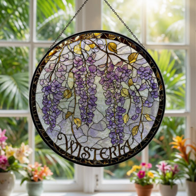 7.8"H Wisteria Flowers Stained Glass Window Panel