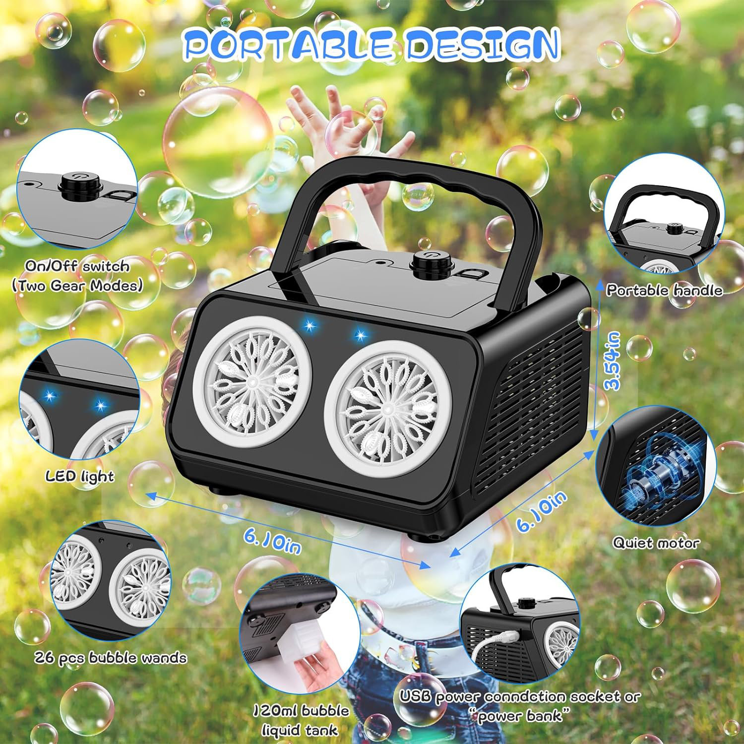 Jbeectrl Bubble Machine for Toddlers & Kids Upgrade Automatic Bubble Blower with 2 Fans, Bubble Maker Plug-in or Batteries Bubble Toys for Kids