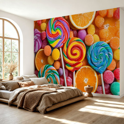 Wall Mural Peel and Stick Wallpaper Colorful Candy Lollipops Fruit Accents Vibrant Arrangement Self-Adhesive Removable Contact Paper Wall Decor for Living Room Bedroom 69"H x 96"W