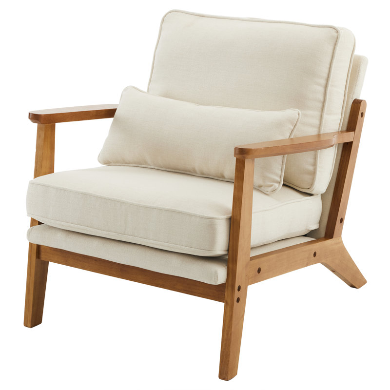 Mid-century Modern Off-white Linen Lounge Chair - Solid Wood Armrests & Frame For Home Decor