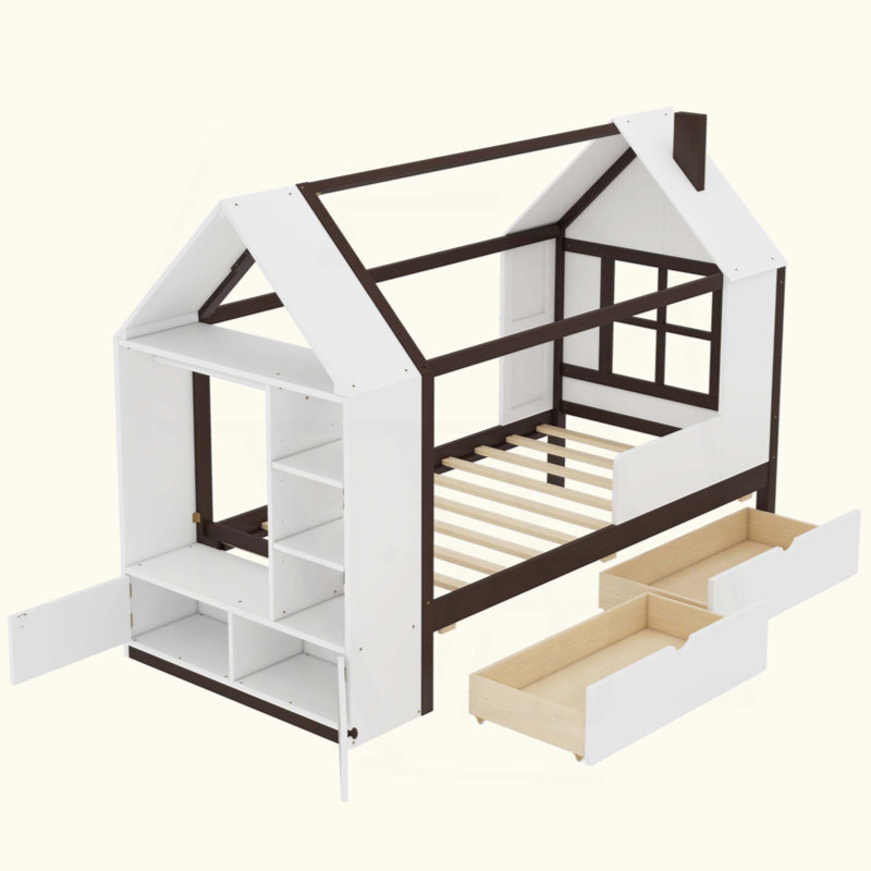 Lit plateforme House avec tiroirs, lit maison en bois massif avec tablettes, conception enfantine, Blanc antique, espresso