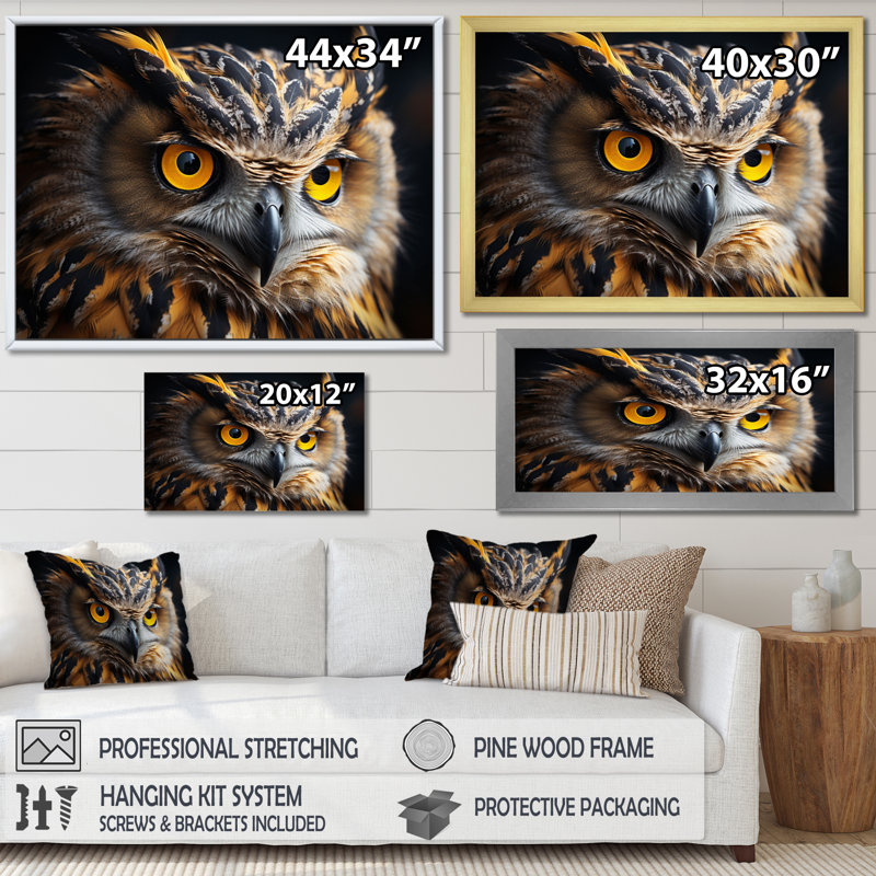 Portrait d'un hibou jaune - impression, H 12 po x l 20 po x P 1 po, Cadre flottant noir