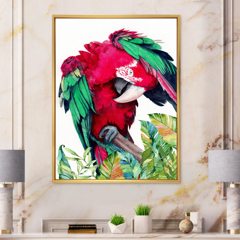 Perroquet rouge et vert - reproduction sur toile, H 44 po x l 34 po, Cadre flottant doré
