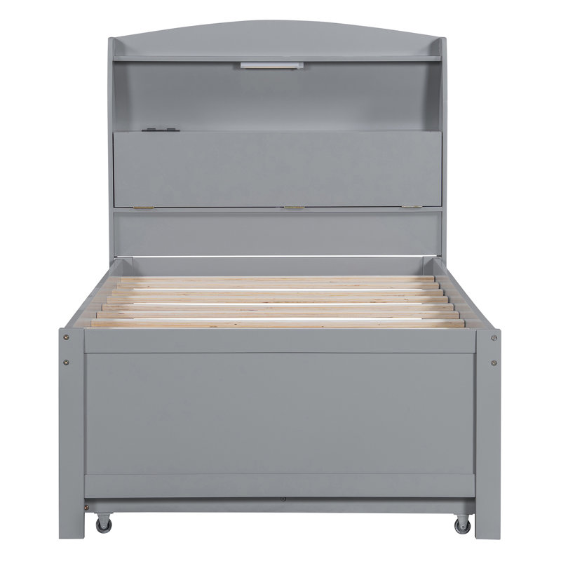 Wooden LED Platform Bed With Trundle, With Storage Headboard, With Drawers, Gray, Twin