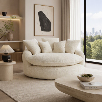 long polyester foam armchair, oversized round chair, fluffy modern sofa bed for living room, relaxation room and projection room, wide armchair chaise longue armchair with pillows