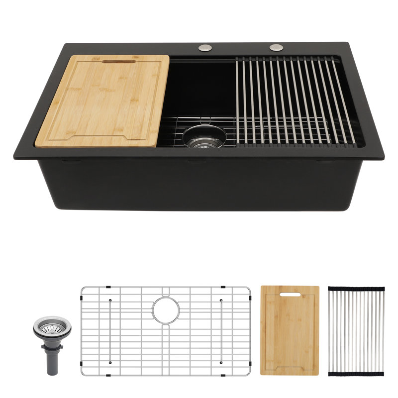 Évier de cuisine en granite noir 33 x 22 po, station de travail, lisse et silencieux, non poreux pour garder propre, livré avec un support de séchage en composite, surface, grille de fond facile à nettoyer