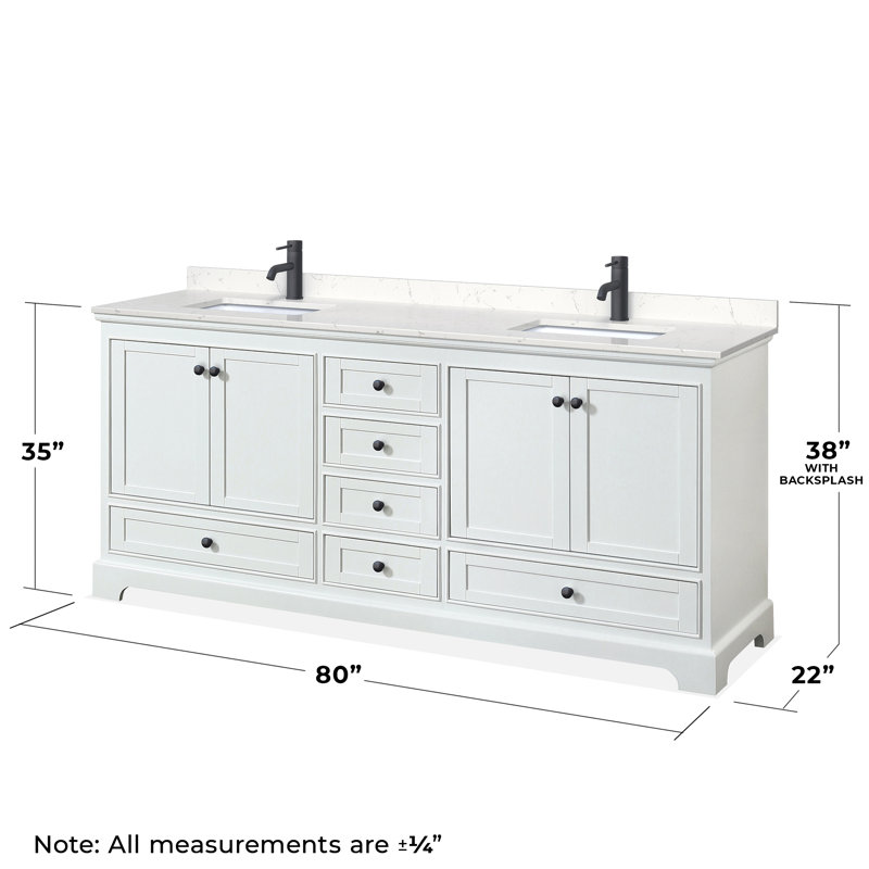 Deborah 80'' Double Bathroom Vanity with Marble Top, White, Carrara Cultured Marble, Matte Black