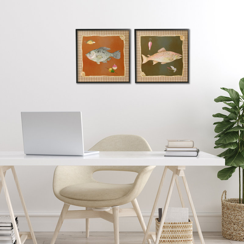 Fish & Lures over Houndstooth 2pc Framed Giclee Set, design by Lee Ann Sanders, 12" H x 24" W, Midnight Black Framed Giclee