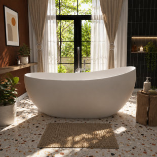 63 Inch Freestanding Solid Surface Soaking Bathtub Asymmetrical Moon Design Ergonomic Backrest Matte White Stone Resin Tub Tl1119-63mw