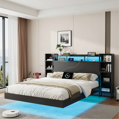 Floating Bed Frame with USB Charging Station