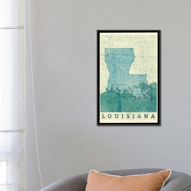 « louisiana map », impression sur toile, H 26 po x l 18 po x P 1,5 po, Toile avec cadre noir, Pas de tapis