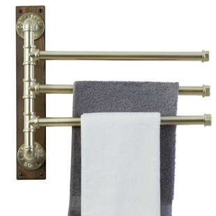 Porte-serviettes mural pivotant, barres à serviettes en métal industriel avec base en bois, 3 niveaux (couleur laiton)