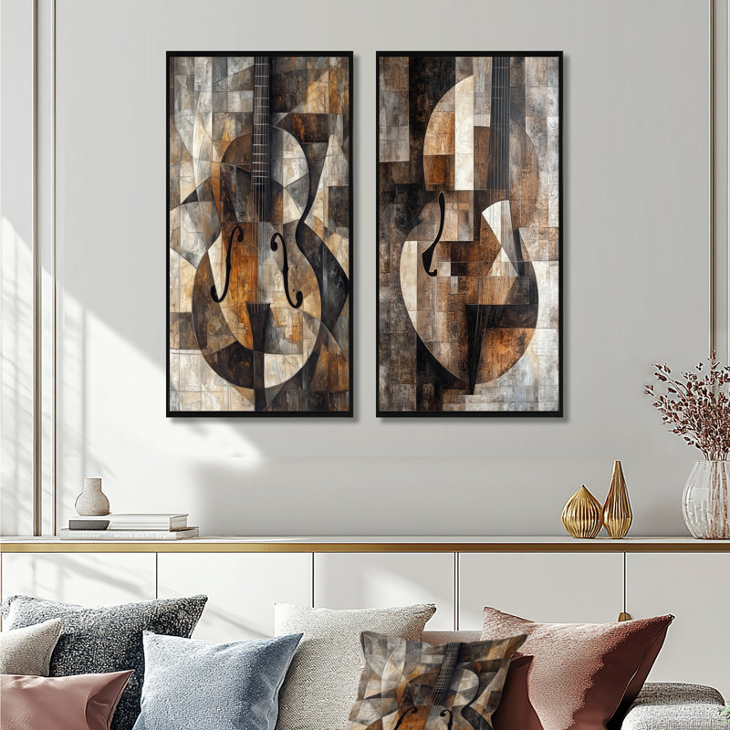 Mandoline dans des plans brisés I - Ensemble de 2 décorations murales cubistes, 32" H x 32" W, Black Floater Framed