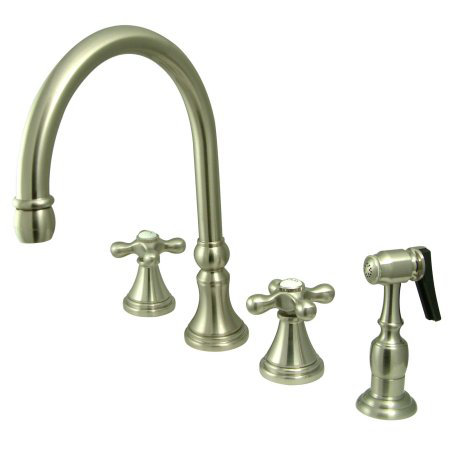 Deck Mount Two Handle Widespread Kitchen Faucet with Metal Cross Handle, Brushed Nickel